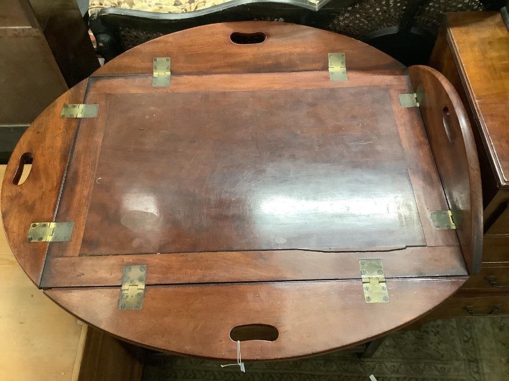 A Victorian mahogany butlers tray on a later stand, width 96cm depth 75cm height 86cm